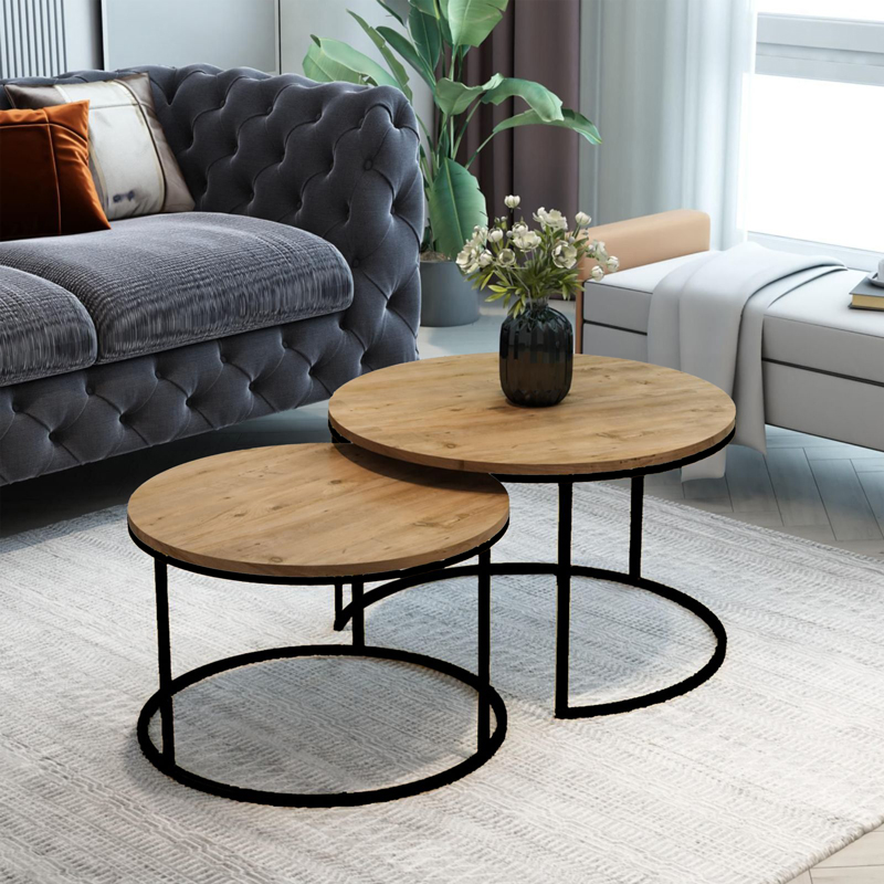 Coffee tables Solme pakoworld set 2pcs natural melamine-black metal Coffee tables Solme pakoworld set 2pcs natural melamine-black metal