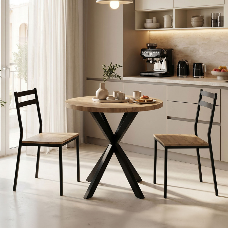 Kalipso pakoworld melamine table in natural shade and black metal leg D70x75cm