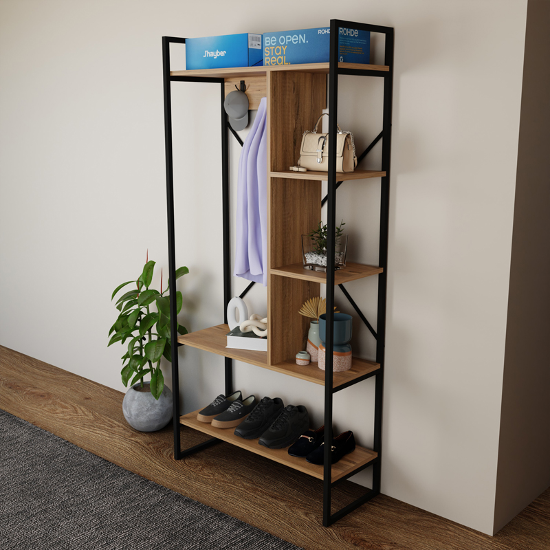 Feranda pakoworld entance furniture with oak shelves and black metal frame 88x34x180cm