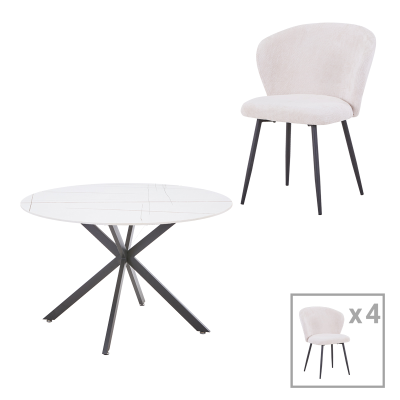 Dining table Karg-Stoyen pakoworld 5 pcs white fabric - white-black marble Φ120x75cm Dining table Karg-Stoyen pakoworld 5 pcs white fabric - white-black marble Φ120x75cm