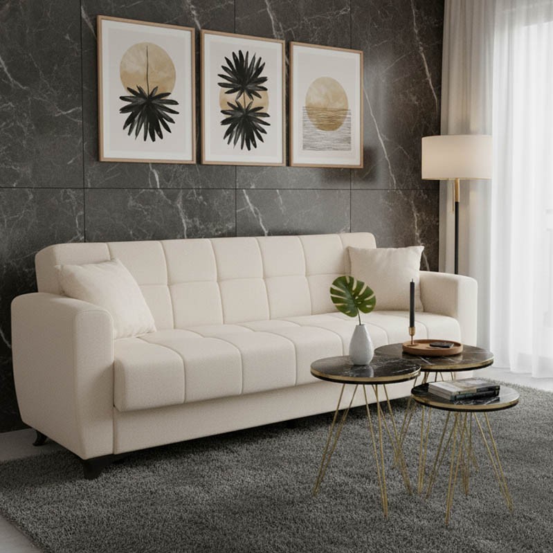 Καναπές-κρεβάτι με αποθηκευτικό χώρο τριθέσιος Modesto pakoworld κρεμ ύφασμα 215x85x80εκ