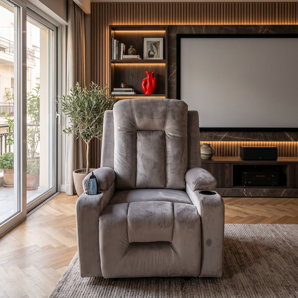 Πολυθρόνα relax με μηχανισμό massage Gessel pakoworld βελούδο σε γκρι απόχρωση 80x90x98εκ