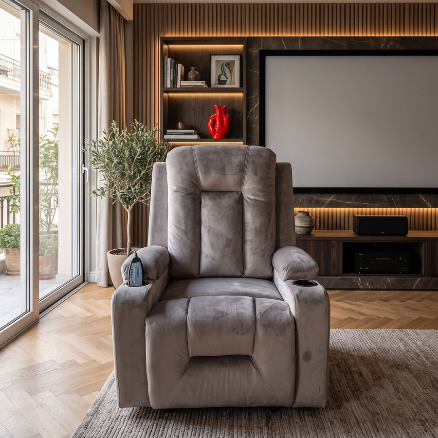 Πολυθρόνα relax με μηχανισμό massage Gessel pakoworld βελούδο σε γκρι απόχρωση 80x90x98εκ