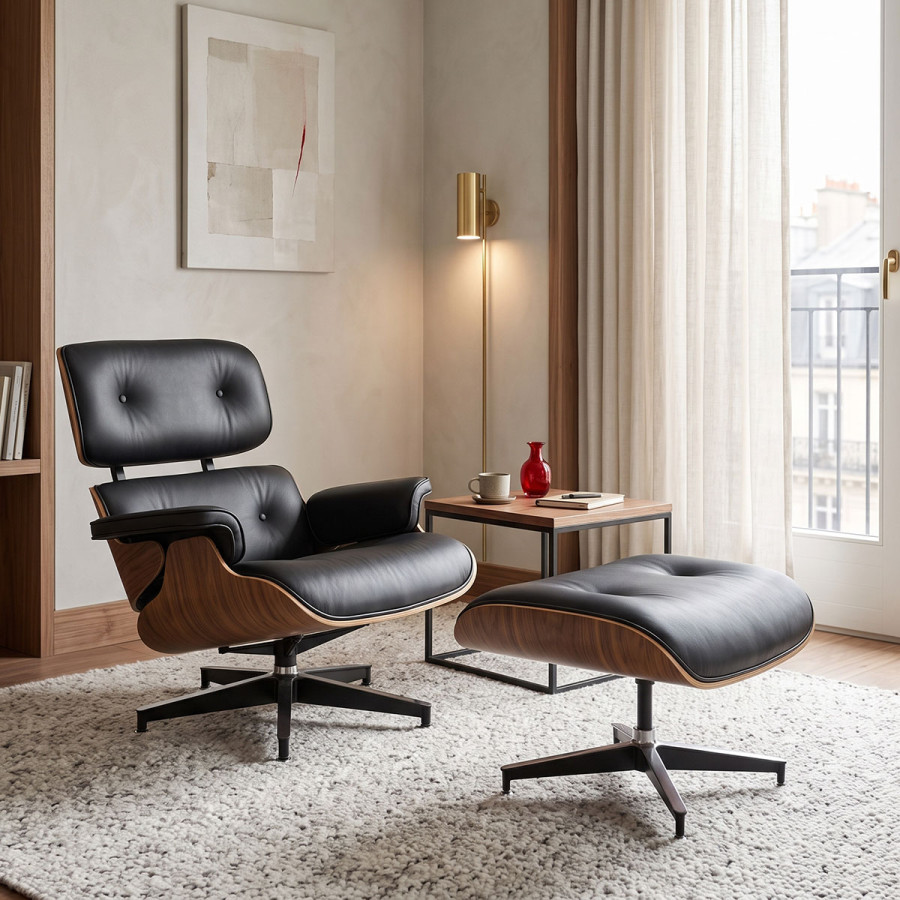 Πολυθρόνα-υποπόδιο relax Jenna pakoworld μαύρο pu- plywood καρυδί 82x92x82εκ