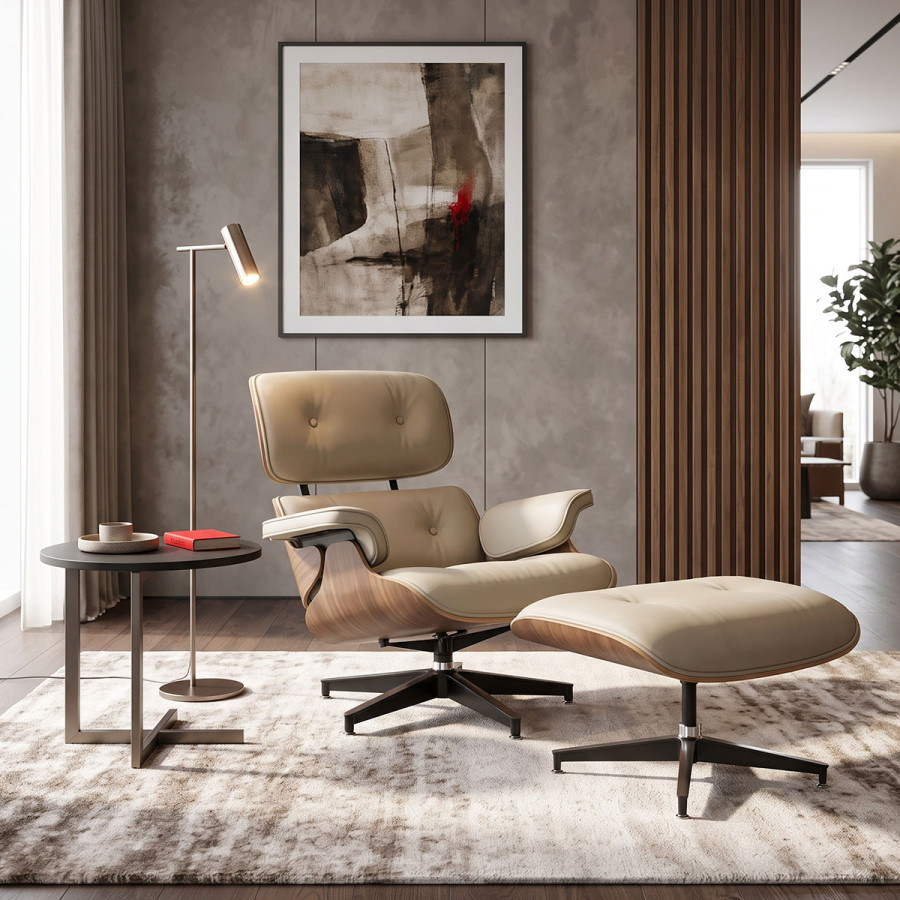 Πολυθρόνα-υποπόδιο relax Jenna pakoworld μπεζ pu- plywood καρυδί-βάση χρωμίου 82x92x82εκ