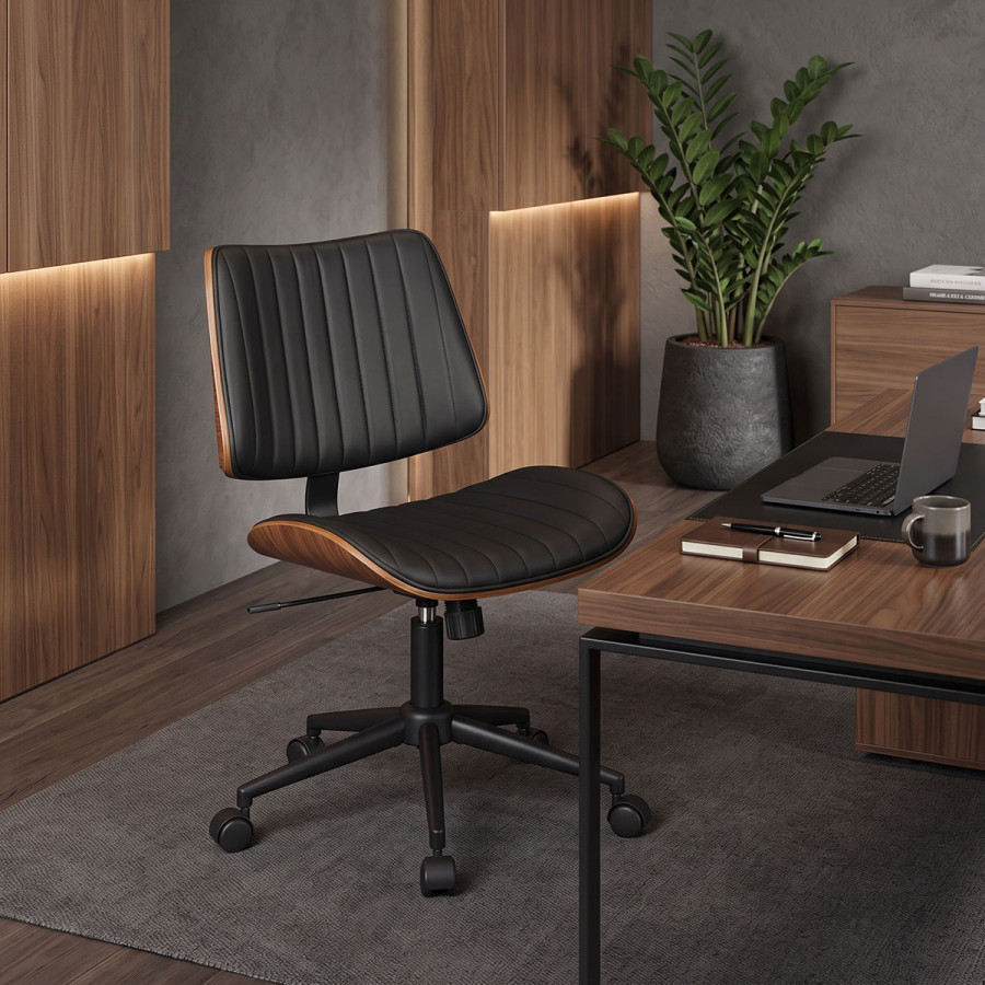 Work desk chair Amani pakoworld black pu-walnut plywood 52x54x90.5cm