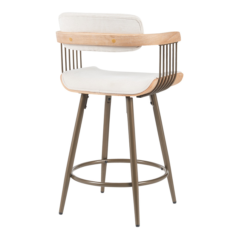 Bar stool Cameo pakoworld metal bronze-white-wash wood-beige fabric 53x50x93cm