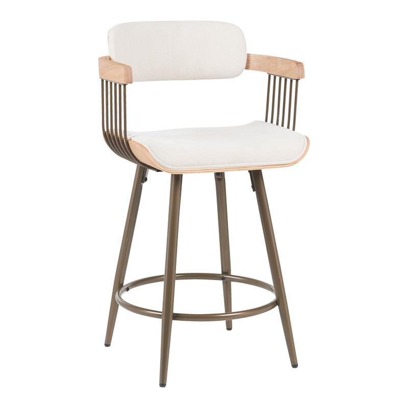 Bar stool Cameo pakoworld metal bronze-white-wash wood-beige fabric 53x50x93cm