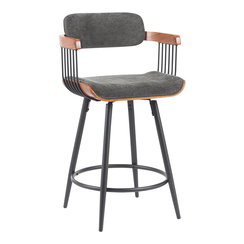 Bar stool Cameo pakoworld metal black-walnut wood-dark grey fabric 53x50x93cm