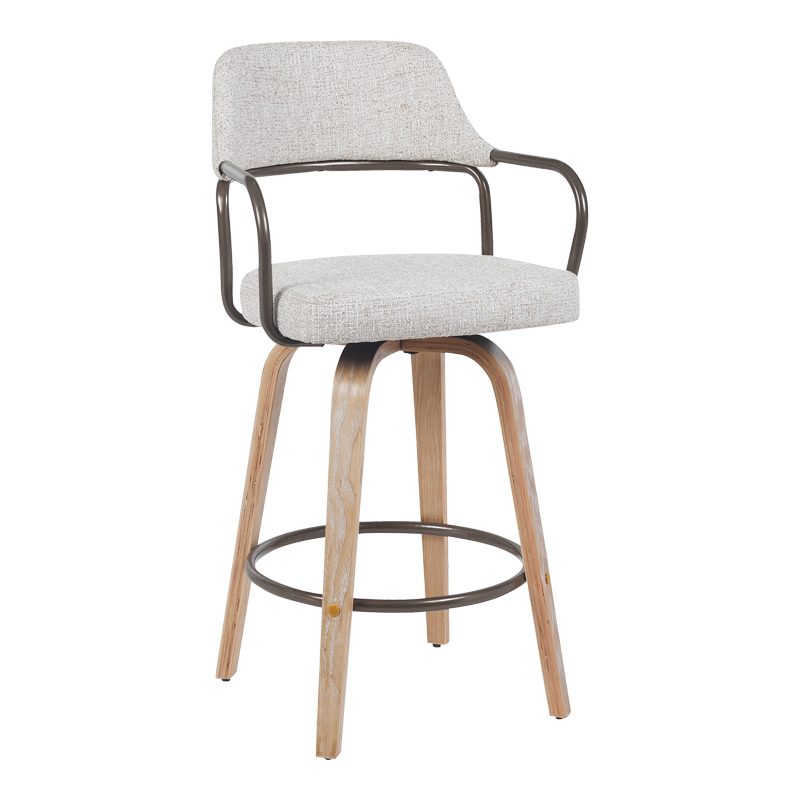 Rotating middle-height bar stool Tertia pakoworld metal-wood and fabric in beige-brown color 54x52x98cm
