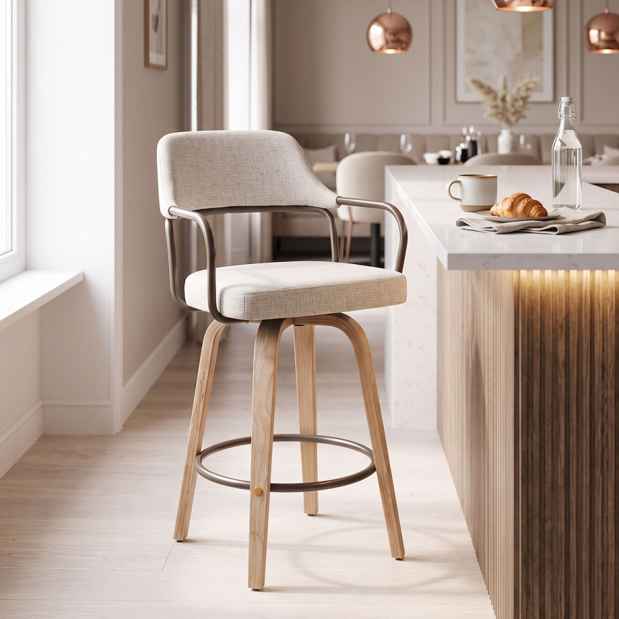 Rotating middle-height bar stool Tertia pakoworld metal-wood and fabric in beige-brown color 54x52x98cm