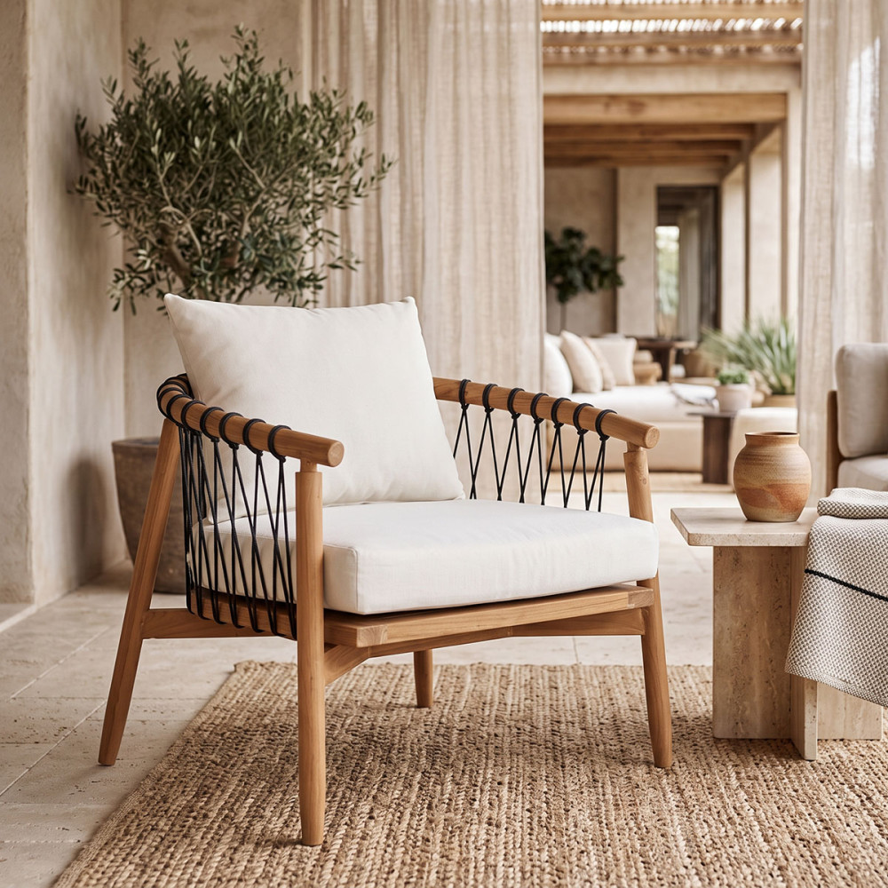 Armchair Haibo pakoworld natural teakwood-black rope-white cushion 80x75x72cm