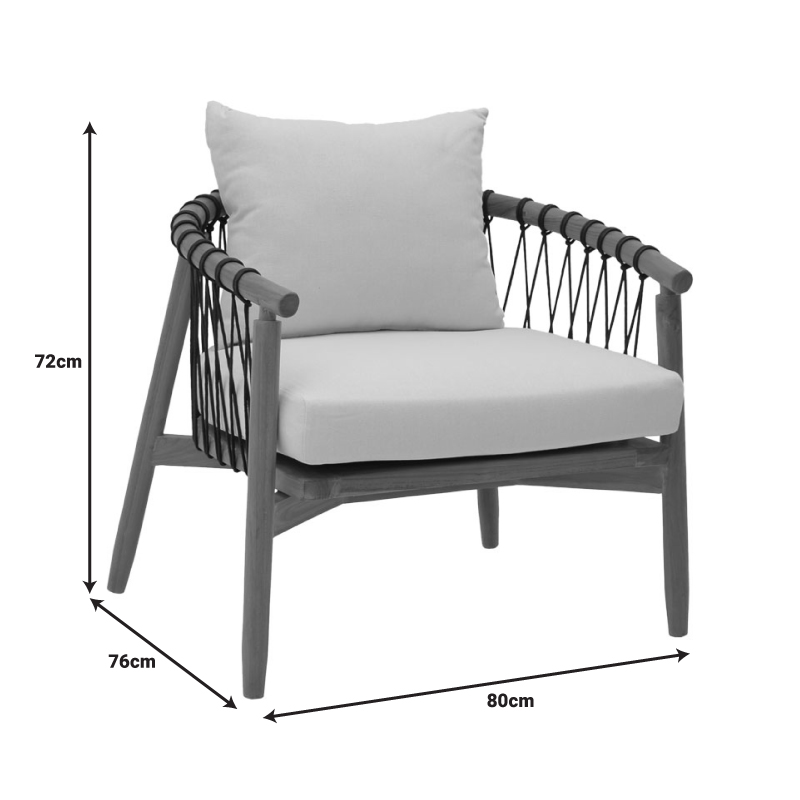 Armchair Haibo pakoworld natural teakwood-black rope-white cushion 80x75x72cm