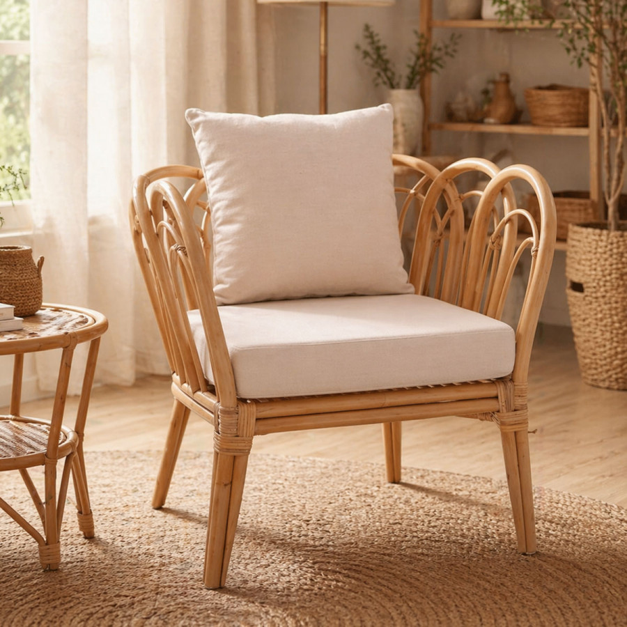 Πολυθρόνα Tania pakoworld φυσικό rattan-λευκό μαξιλάρι 76x76x76εκ