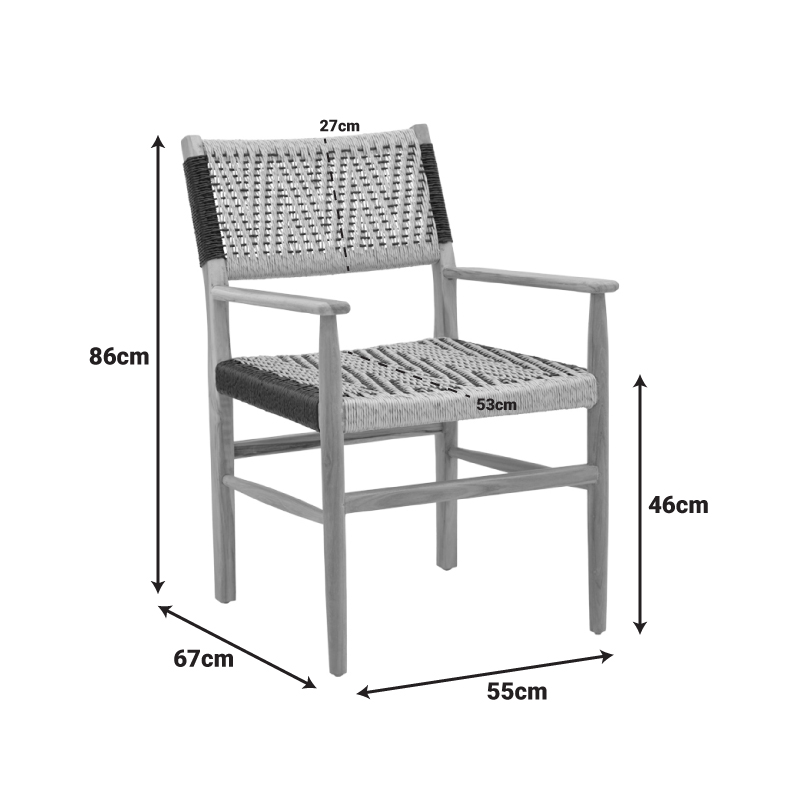 Armchair Fermilo pakoworld teak wood frame with pe rope in natural-black shade 55x67x86cm