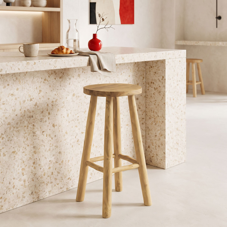 Σκαμπό μπαρ Nusiwo pakoworld teak ξύλο σε φυσική απόχρωση Φ35x70εκ