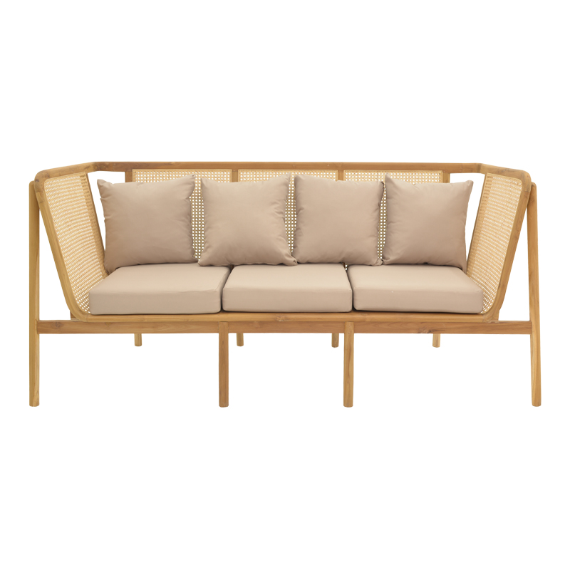 Καναπές τριθέσιος Jenta pakoworld teak ξύλο με rattan σε φυσική απόχρωση και μπεζ μαξιλάρι 203x67x92εκ