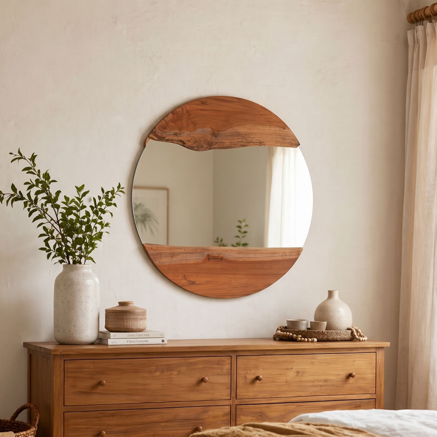Καθρέπτης Alkmen pakoworld teak ξύλο σε φυσική απόχρωση Φ60x4εκ