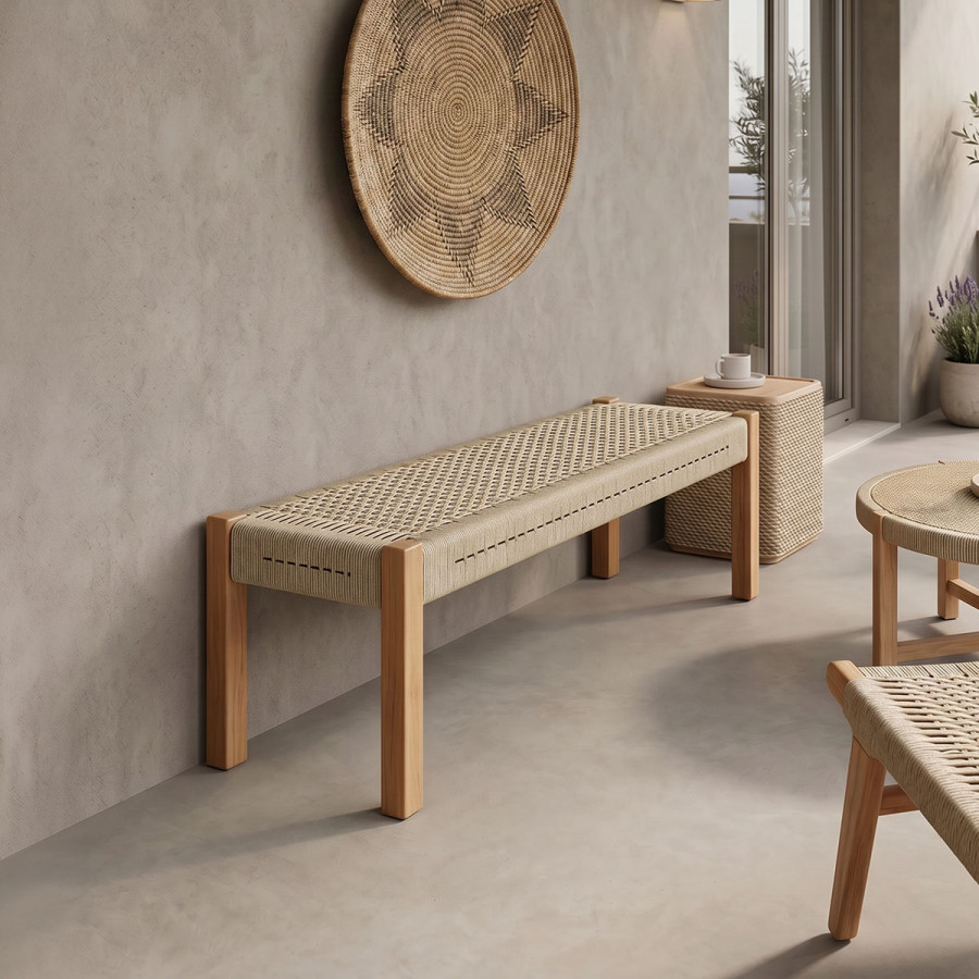 Bench Uma pakoworld teak wood and pe rope in natural shade 150x45x40cm