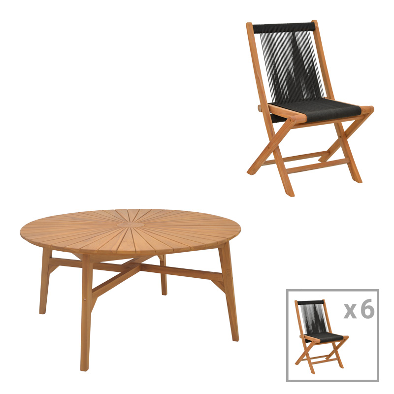 Dining table 7pcs.Banou-Colen pakoworld teak wood in natural-black shade Φ150x75cm