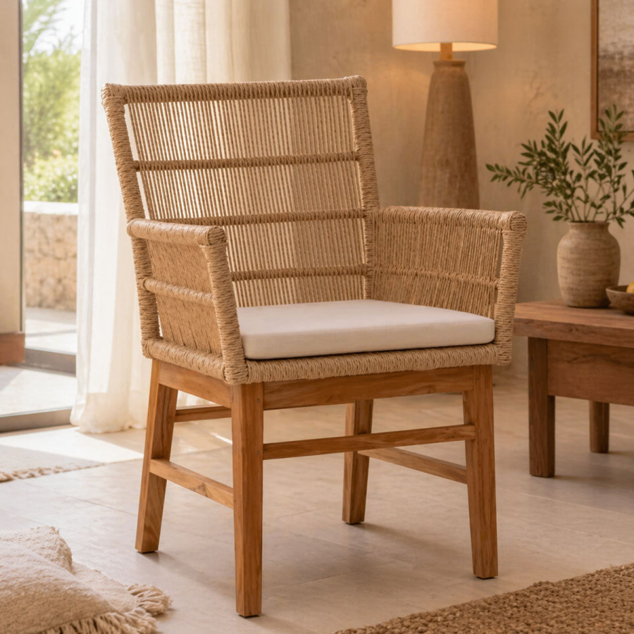 Πολυθρόνα Inca pakoworld teak ξύλο και pe σχοινί σε φυσική-μπεζ απόχρωση με μαξιλάρι 60x61x90εκ