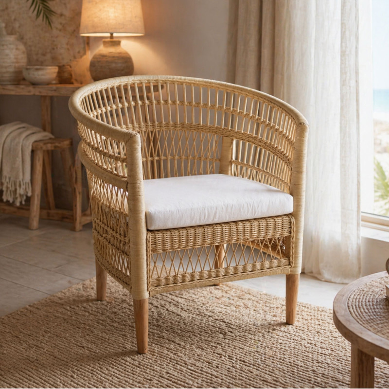 Armchair Necorian pakoworld teak wood and pe rattan in natural color and white pillow 80x70x87cm