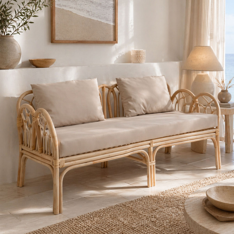 Καναπές διθέσιος Ytrone pakoworld rattan σε φυσική απόχρωση με μπεζ μαξιλάρι 166x61.5x71εκ