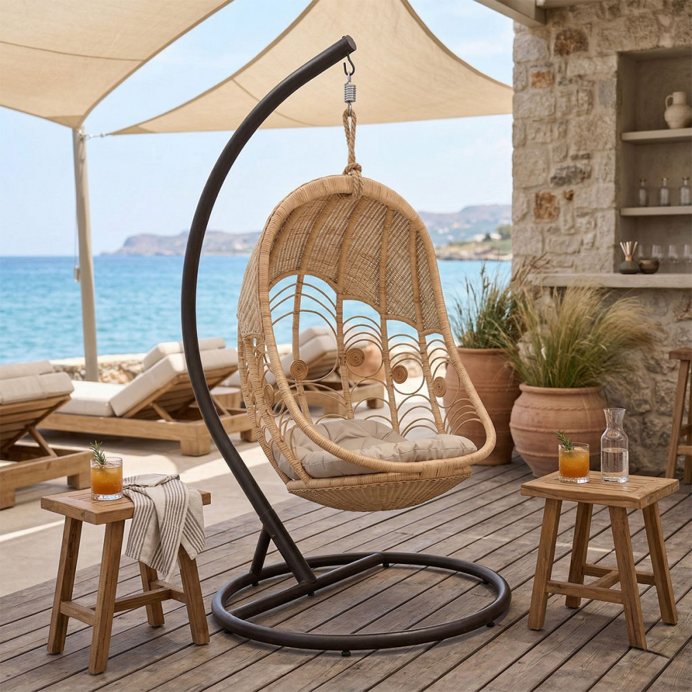 Labreone swing pakoworld rattan in natural color-black metal-beige cushion 82x82x200cm