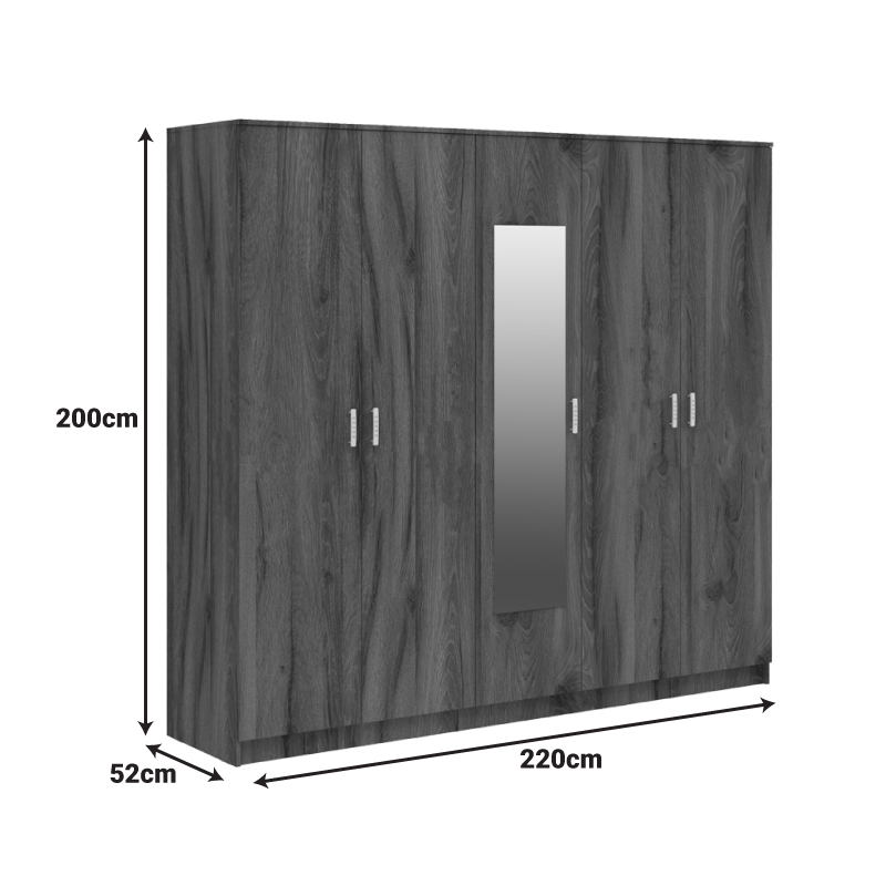 Ντουλάπα πεντάφυλλη με καθρέφτη Luna pakoworld καρυδί-oak 220x52x200εκ