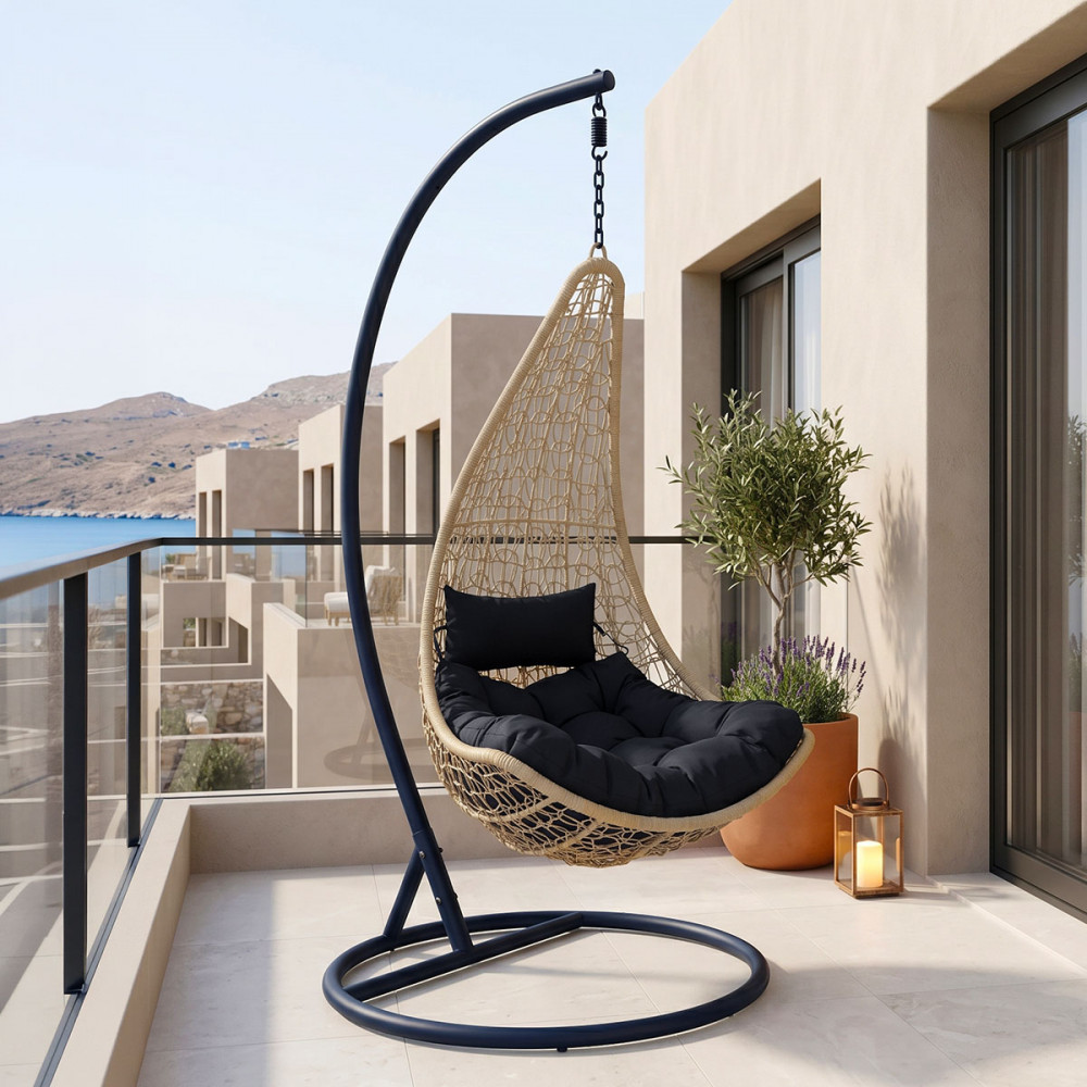 Nest swing with Soleil base pakoworld black metal- natural pe rattan with black cushion 120x95x195cm
