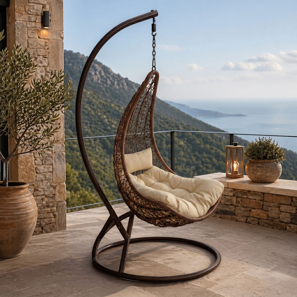 Nest swing with Soleil base pakoworld brown metal- brown pe rattan with beige cushion 120x95x195cm
