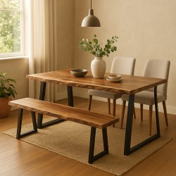 Miles Slim pakoworld bench solid acacia wood in natural shade with black metal legs 160x40x45cm Miles Slim pakoworld bench solid acacia wood in natural shade with black metal legs 160x40x45cm
