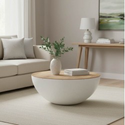 Τραπέζι σαλονιού Coffelty Inart λευκό μέταλλο-μασίφ ξύλο ακακίας Φ90x40εκ