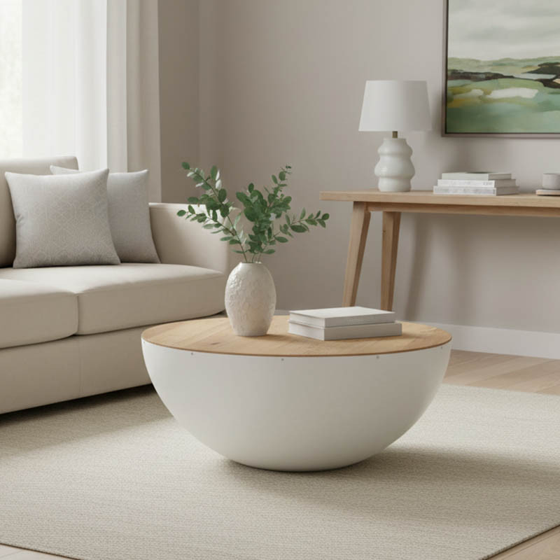 Coffee table Coffelty Inart solid acacia wood - white metal D90x40cm
