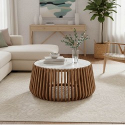 Coffee table Mable pakoworld mango wood in natural color and marble look surface D80x45cm