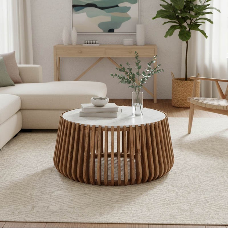 Coffee table Mable pakoworld mango wood in natural color and marble look surface D80x45cm