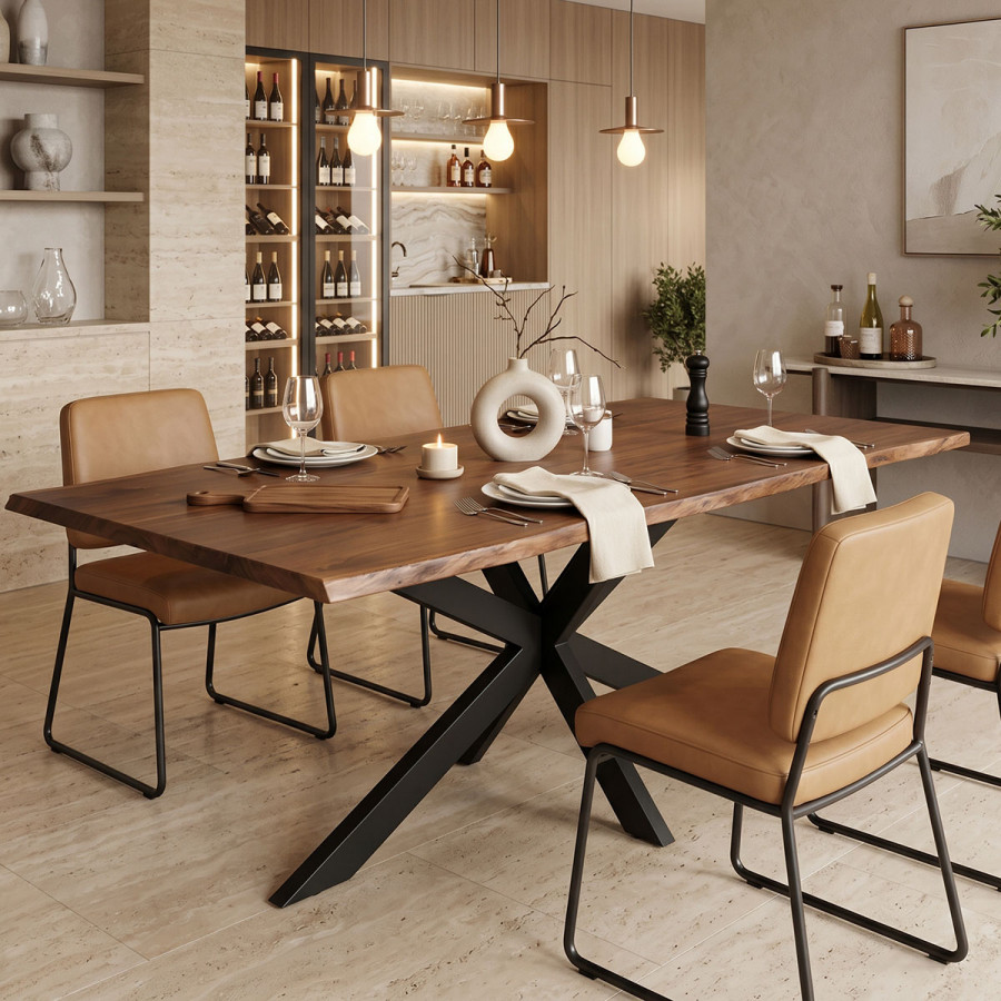 Lenoua pakoworld table solid acacia wood thickness 3.7-4cm in walnut color with black metal legs 180x90x76cm