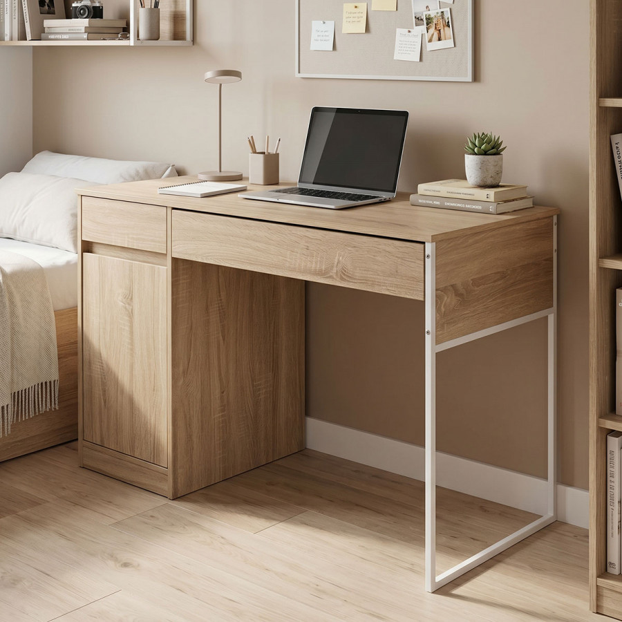 Kantor pakoworld work desk in natural shade with white metal leg 110x50x76cm