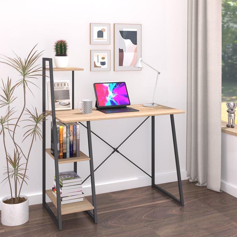 Office desk with shelves Deckstor pakoworld in oak color with black metal legs 102x50x117cm