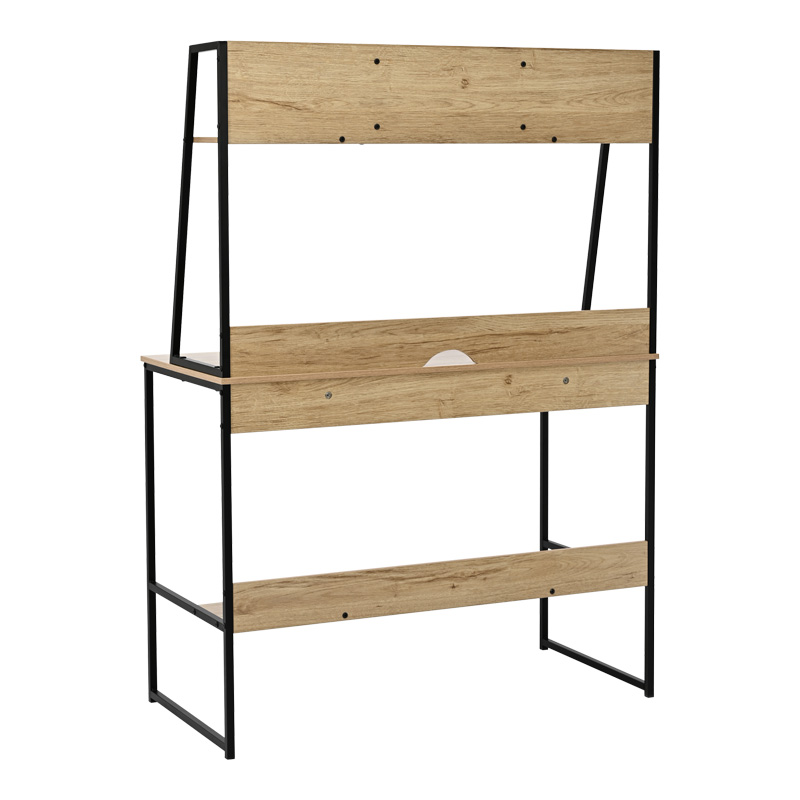 Office desk with shelf Herbey pakoworld in oak color with black metal leg 100x48x139cm Office desk with shelf Herbey pakoworld in oak color with black metal leg 100x48x139cm