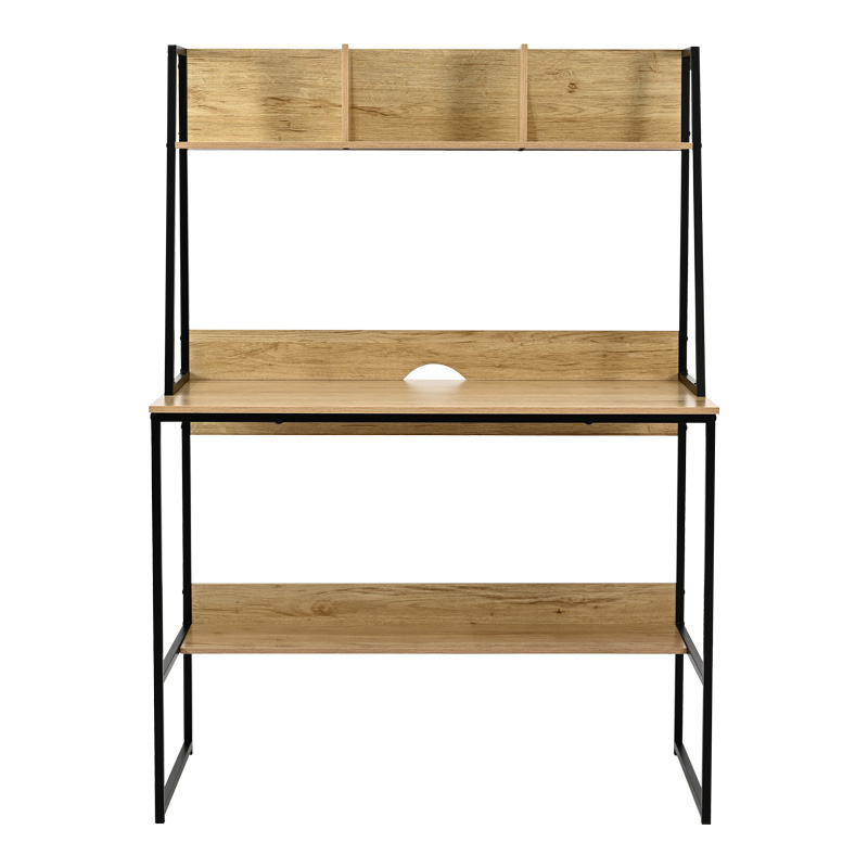 Office desk with shelf Herbey pakoworld in oak color with black metal leg 100x48x139cm Office desk with shelf Herbey pakoworld in oak color with black metal leg 100x48x139cm