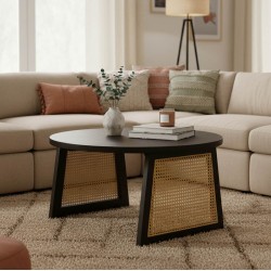 Τραπέζι Tamarind pakoworld ξύλο mango-φυσικό rattan σε μαύρη απόχρωση Φ65x40εκ