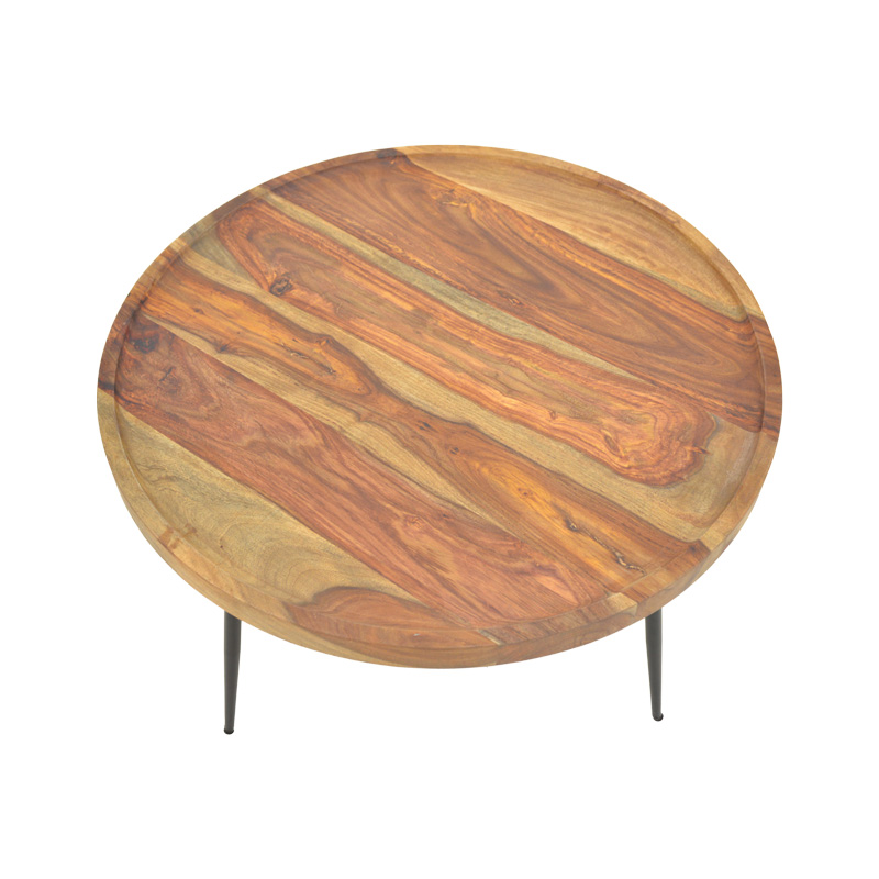 Τραπέζι σαλονιού Tavolo pakoworld μασιφ ξύλο sheesham σε καρυδί απόχρωση με μαύρα μεταλλικά πόδια Φ75x39εκ