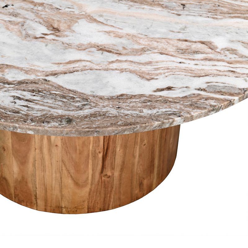 Coffee table Sergy pakoworld solid acacia wood in natural color and marble top D90x40cm Coffee table Sergy pakoworld solid acacia wood in natural color and marble top D90x40cm