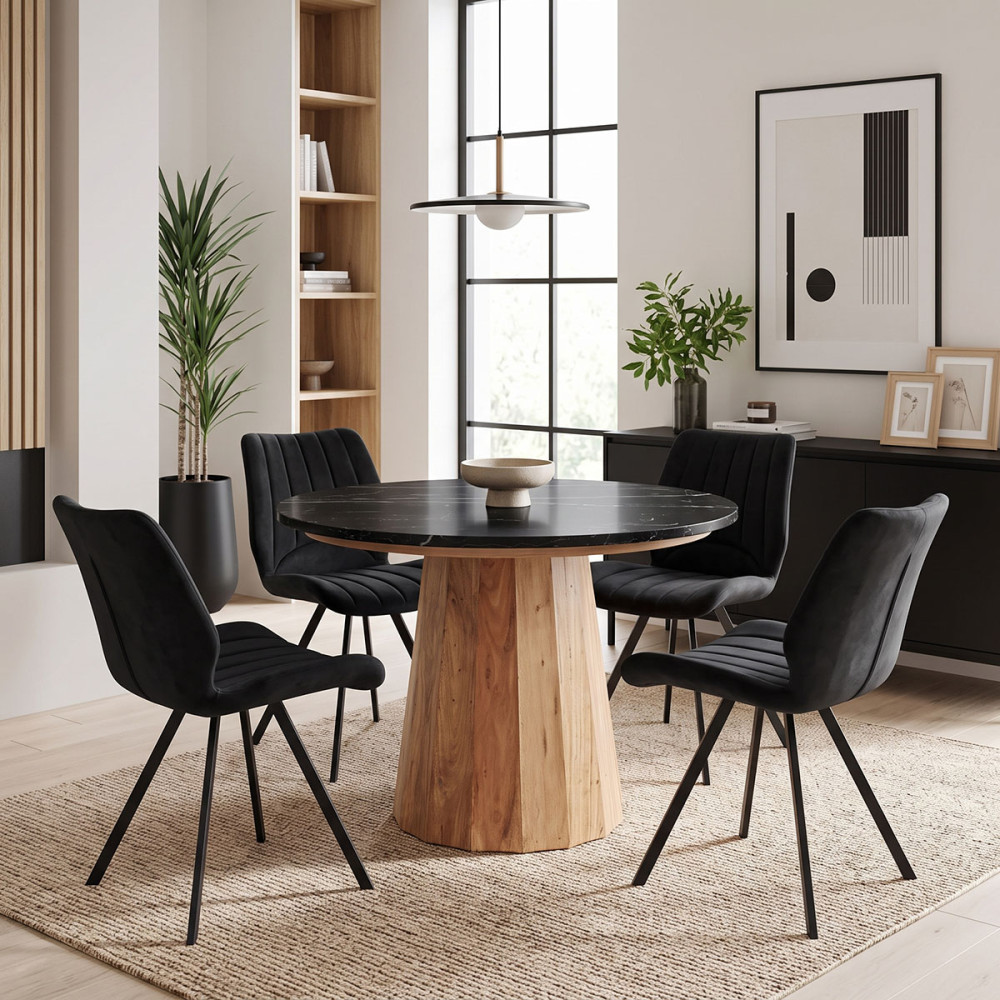 Table Ezerdian pakoworld solid acacia wood in natural color and black matte marble table top D120x76cm