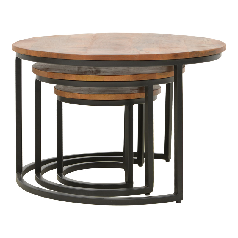 Frina pakoworld coffee table set of 3 mango wood in walnut color with black metal leg