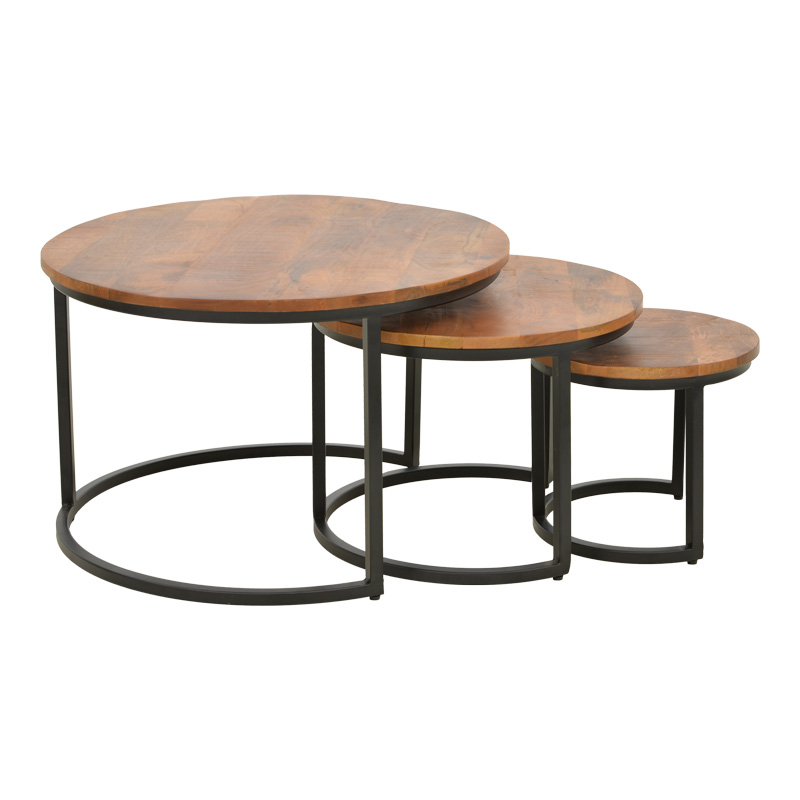 Frina pakoworld coffee table set of 3 mango wood in walnut color with black metal leg
