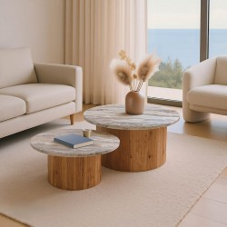 Coffee table Sergy pakoworld set 2 pieces solid acacia wood in natural color and marble top Coffee table Sergy pakoworld set 2 pieces solid acacia wood in natural color and marble top