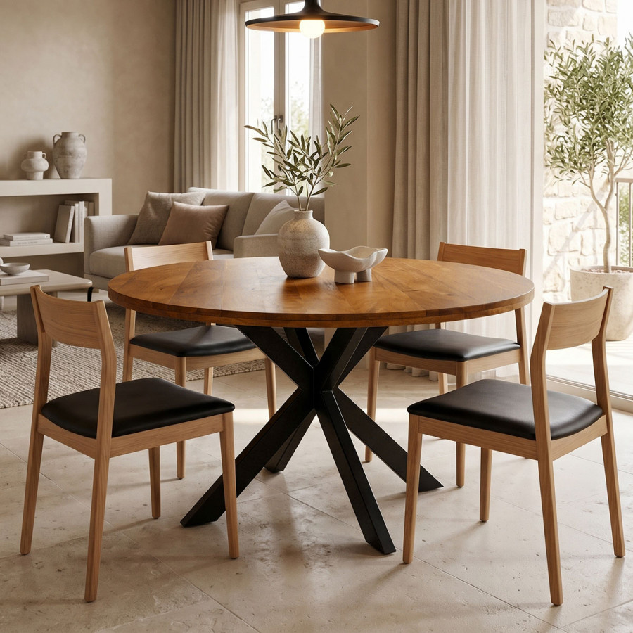 Dining table Royalty pakoworld solid mango wood in walnut color-black metal leg D130x77cm