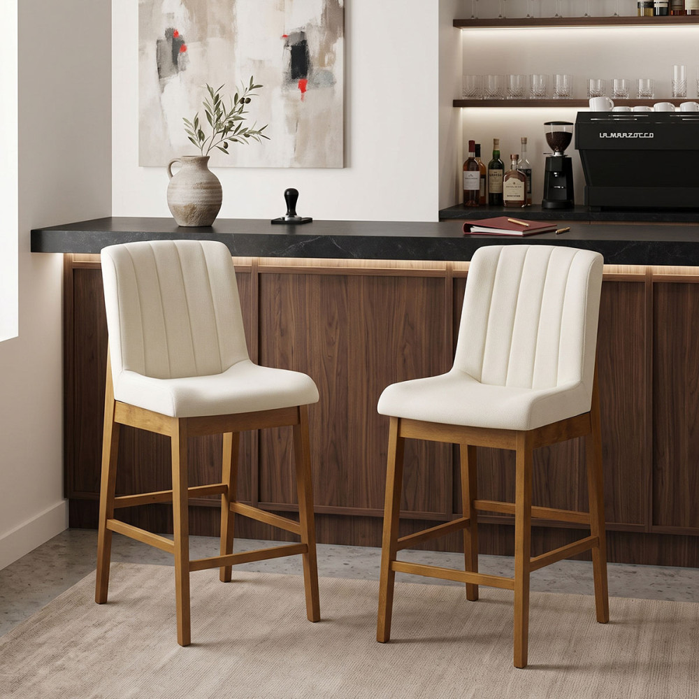 Σκαμπό μπαρ Dalby pakoworld καρυδί rubberwood και εκρού ύφασμα 50x45x102,5εκ